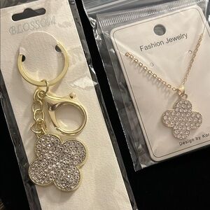 Gold and Silver Flower Keychain and Necklace Set